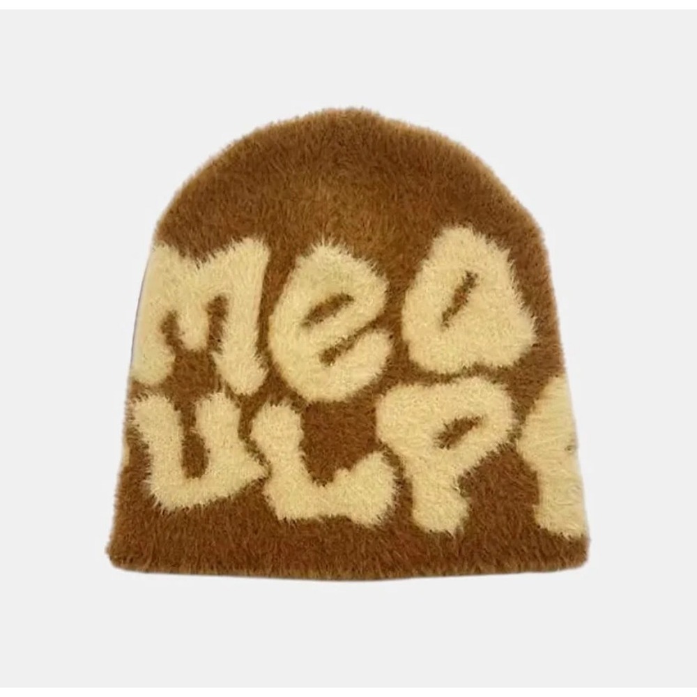 Mea Culpa 100% Mohair Knit Beanie Brown Cream Fuzzy Y2K Streetwear One Size